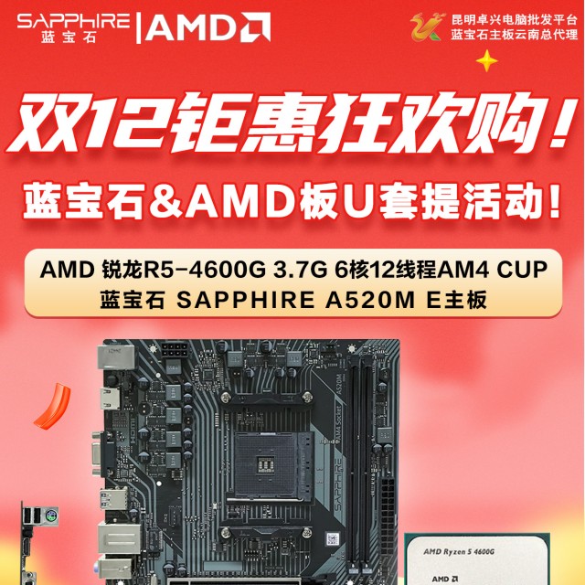 蓝宝石520M-E主板+AMD锐龙R5-4600G处理器
